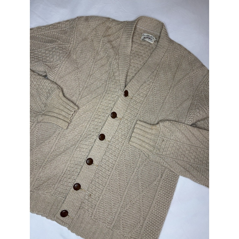 Vintage Cardigan Sweater‎ Quality Line by Arena Medium Wool Cable Knit Tan